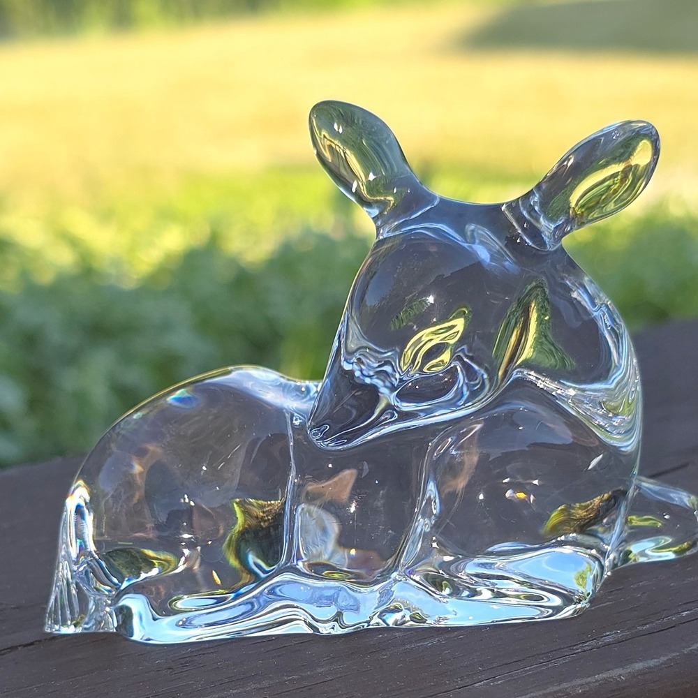 Vintage Lenox Clear Crystal Reclining Deer Fawn Figurine Paperweight Signed